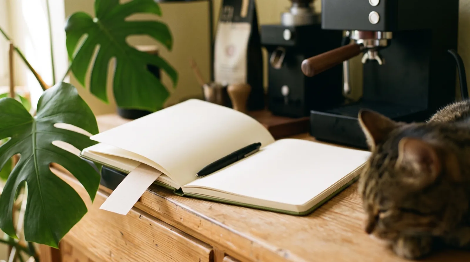 Ein offenes Notizbuch vor einer Espressomaschine, Morgenlicht auf dem Tisch.