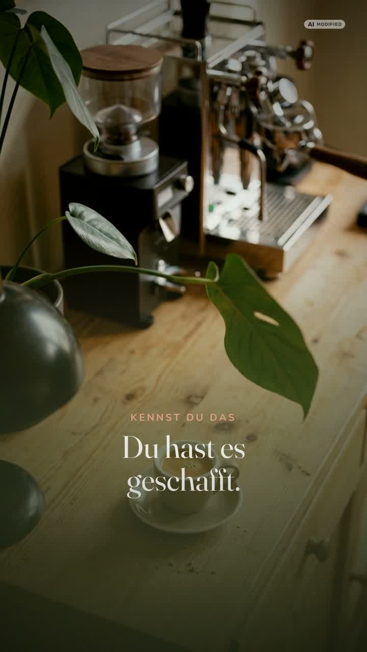 Eine Espressomaschine auf einer Holzkommode, davor eine einzelne Tasse, am Rand eine Katze.