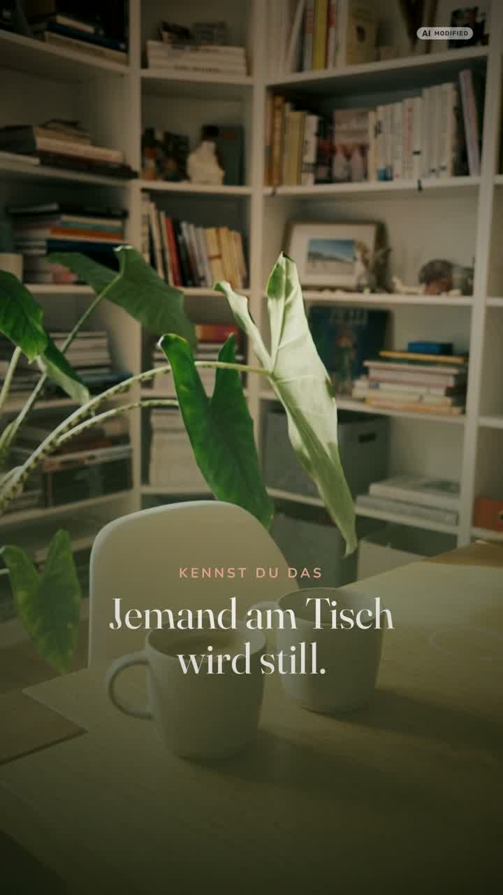 Zwei Tassen auf einem Holztisch, dahinter ein helles Regal und eine Katze am Bildrand.