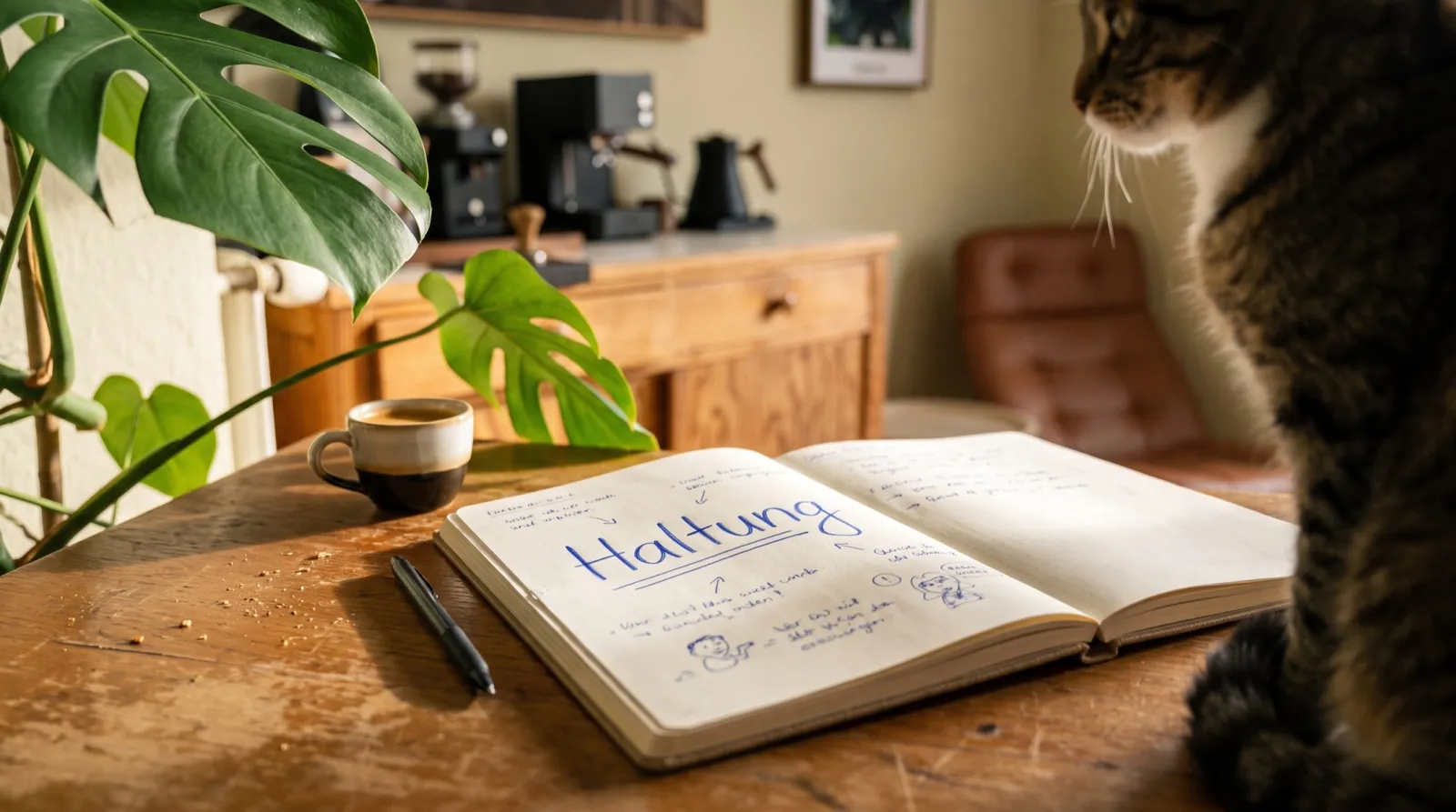 Ein aufgeschlagenes Notizbuch neben einer Espressotasse, darauf das Wort Haltung in blauer Handschrift.